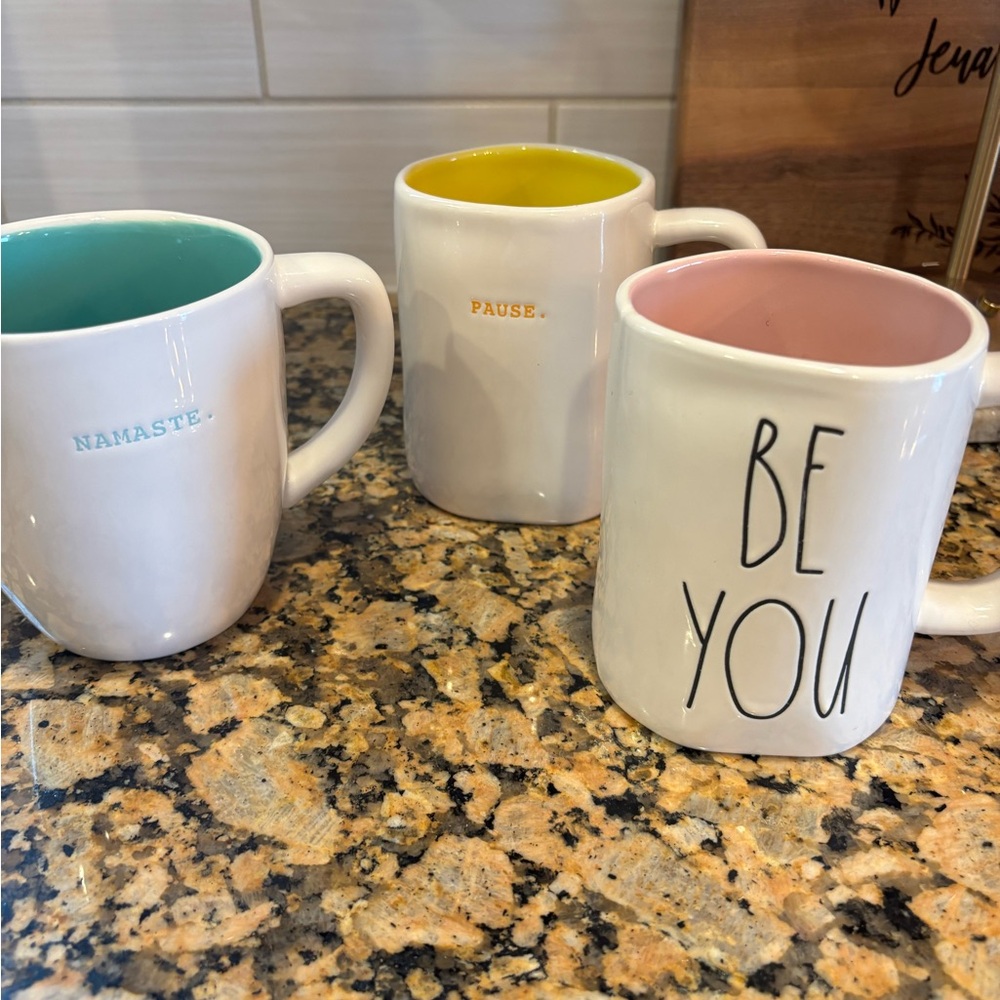Rae-Dunn Inspirational Ceramic Mugs Set - Namaste, Pause, Be You